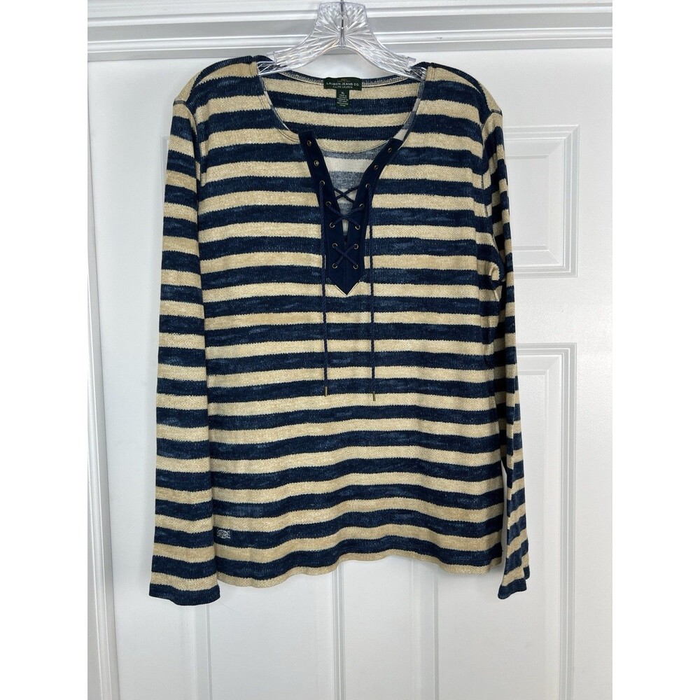 Lauren Ralph Lauren Jeans XL Women Top Striped Waffle-Knit Lace-Up Preppy Costal